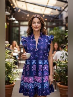 Caroline Constas Navy Blue Pink Paisley Tiered Sundress